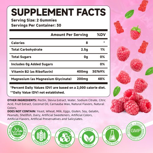 Mchokuu Vitamin B2 Gummies Riboflavin 400mg with Magnesium for Kids & Adults Migraine Relief & Headache Relief & Nervous System Support Non-GMO, Vegan, Sugar Free, Raspberry Flavor, 60 Count