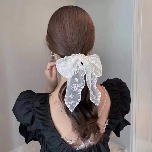 Funlovin Lace Scrunchies 2pcs, Pearl Hair Scarf Scrunchie Ribbon Hair Ties, Cute Floral Scrunchy ...