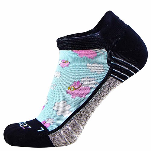 Zensah Limited Edition No-Show Running Socks - Anti-Blister Comfortable Moisture Wicking Sport Socks for Men and Women (Medium, Flying Pigs-Sky Blue)