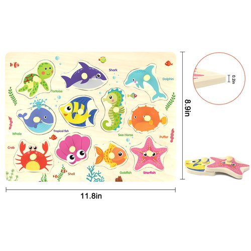 Wooden Peg Puzzle, Sea Creature Chunky Baby Puzzles, Colorful Wood Shape Puzzle Peg Board, Animal Knob Puzzle for Educational Toddlers 18 Months and Up, 11 Pieces