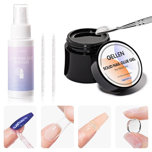 Gellen Solid Gel Nail Glue with 60ml Nail Glue Remover Set 15g Solid Nail Glue Gel for Press On Nails Acrylic Nails Soft Gel Nail Tips Glue Remover UV Lamp Gel Glue for Nails