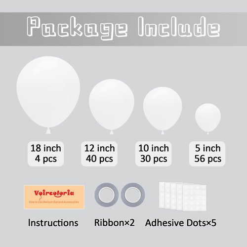 Voircoloria 130pcs White Balloons Different Sizes 18" 12" 10" 5" Party Latex Balloons for Birthday Baby Shower Graduation Wedding Anniversary Party Decorations