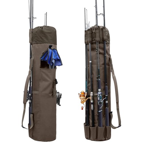 Allnice Durable Canvas Fishing Rod & Reel Organizer Bag Travel Carry Case Bag- Holds 5 Poles & Tackle (Khaki)