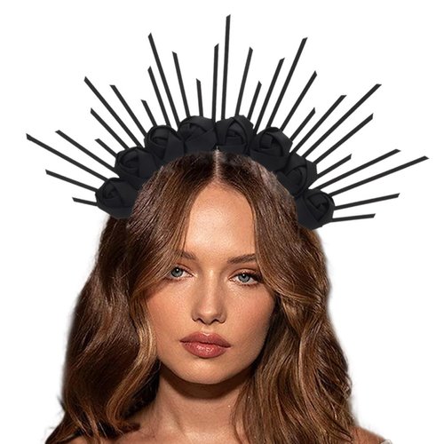 Uranian Halo Crown Headpiece with Roses Goddess Headbands Spiked Sunburst Headband Black Flower Halo Crown Hair Band Halloween Costume Cosplay Rave Party Hair Accessories for Women and Girls