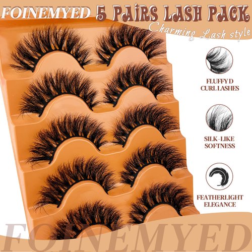 Faux Mink Lashes Fluffy 3D False Eyelashes 18mm Wispy Volume Lashes that Look Like Extensions 5 Pairs Strip Lashes by FOINEMYED