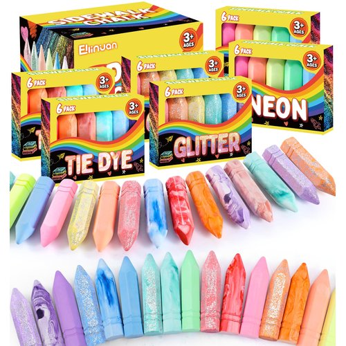 Ellinjan 36 Pcs Washable Sidewalk Chalks for Kids, Jumbo Washable Sidewalk Chalk in 18 Colors, Bulk Colored Chalk for Outdoor Art Play, Painting, Chalkboard & Playground, Gifts for Toddlers Boys Girls