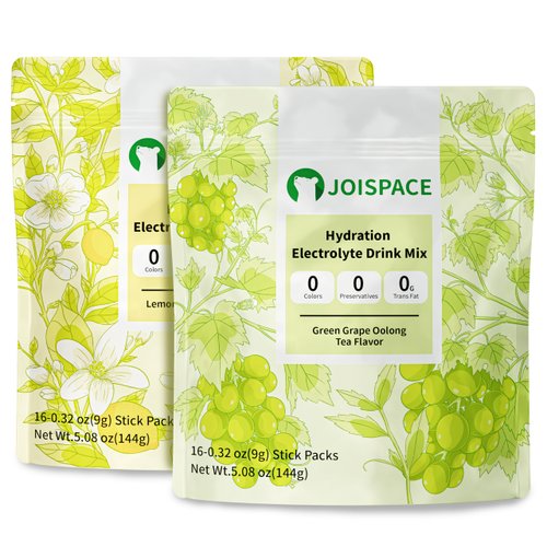 JOISPACE Electrolyte Drink Mix - Lemon Black Tea & Green Grape Oolong Tea - Hydration Powder Packets with Tea Polyphenols & Ascorbic Acid | Non-GMO, Vegan Electrolytes Powder Packets | 32 Servings