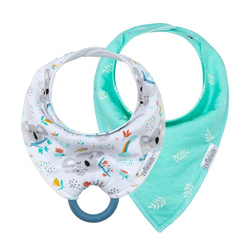 Dr. Brown's Bandana Bibs with Snap-On Removable Teether, Cotton Baby Bib with Soft Fleece Lining for Teething & Drooling, Koalas/Leaves, 2 Pack, 3m+
