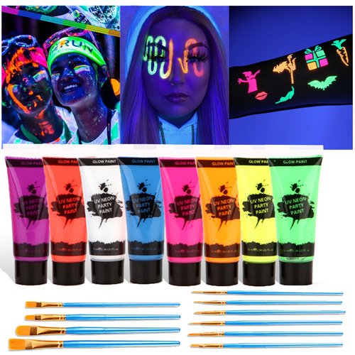 Face & Body Painting Kit, 8 Colors UV Neon Body Paint, Liquid Painting Fluorescent Face Painting with 10 Painting Brush Set for Christmas, Music Festivals, Parties, Stage
