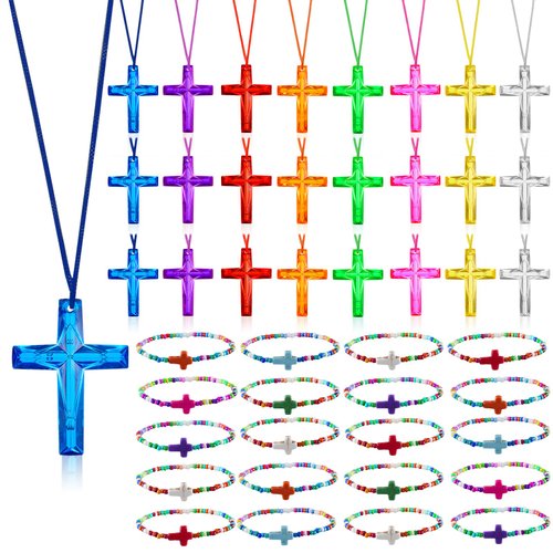 Equsion 48 Pcs Cross Necklaces Christian Religious Party Favors Include 24 Plastic Crystal Cross Necklace DIY Craft Gifts with 24 Bracelet for Vacation Bible Prize Favor (Cross)