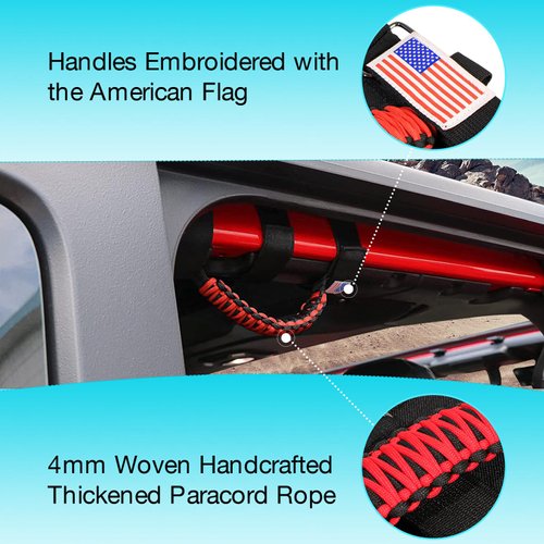Gaizon 4 Pack Grab Handles Roll Bar Paracord Handgrip Handles with America Flag Pattern Replacement for Jeep Wrangler YJ TJ JK JL,Gladiator JT 1955-2022(Red)