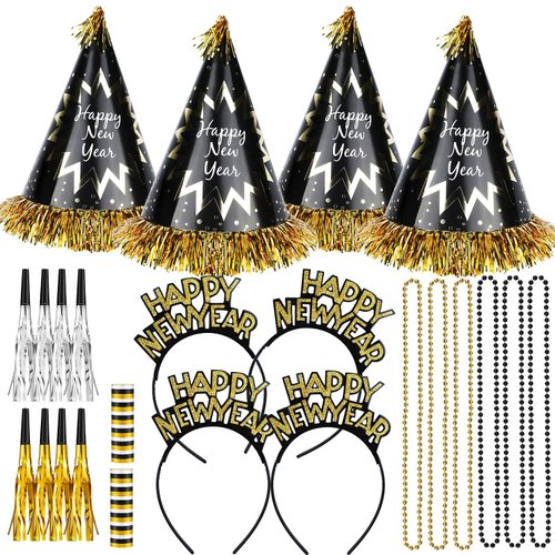 2025 Happy New Year Party Decorations 26pcs New Year's Eve Party Supplies Includes Cone Hats, Tiaras and Bead Necklaces Party Supplies for New Year