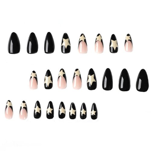 BAOYAALIN Medium Press on Nails Almond Shaped French Tips Black Fake Nails with Star Design Full Cover False Acrylic Glue Stick on Nail for Women Girls 24Pcs