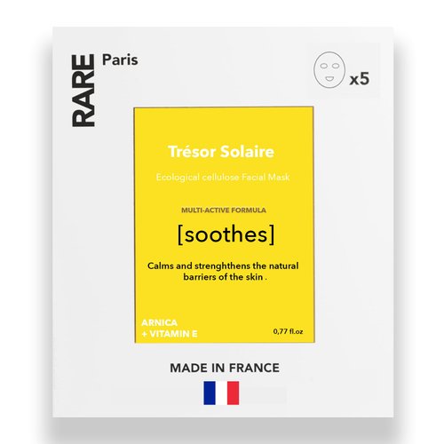 RARE Paris - Trésor Solaire - Soothing Facial Mask - Soothing & Calming Sheet Mask with Arnica & Vitamin E - Soothing Effect - Made in France - 5/Box