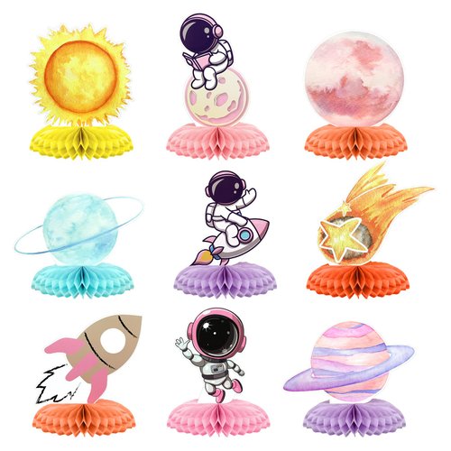 9 Pcs Outer Space Birthday Party Decorations Two The Moon Birthday Decorations Girls Space Themed Honeycomb Table Centerpieces for Party Galaxy Party Table Decoration Planet Astronaut Party Supplies