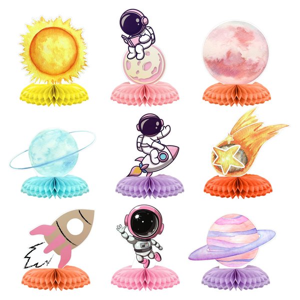 9 Pcs Outer Space Birthday Party Decorations Two The Moon Birthday Decorations Girls Space Themed Honeycomb Table Centerpieces for Party Galaxy Party Table Decoration Planet Astronaut Party Supplies