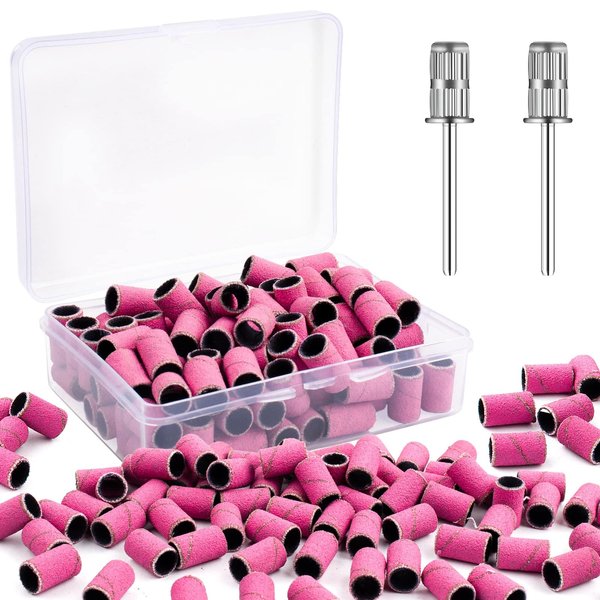Rolybag Sanding Bands for Nail Drill, Nail Sanding Bands 180 Pink with Storage Box,Include 100 Fine Sanding Bands and 2 Pieces Mandrel Bits for Most Size 3/32" Nail Drill Machine