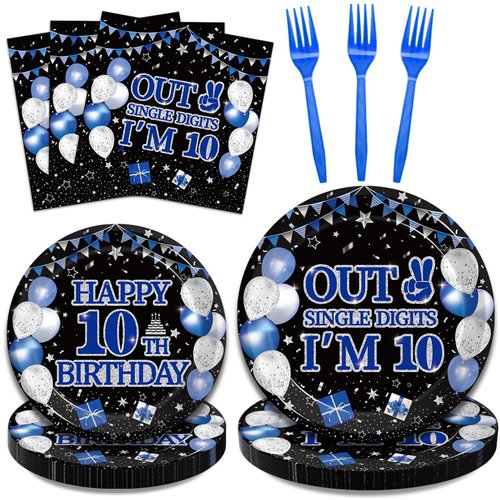 96Pcs 10th Birthday Party Tableware Set, Navy Blue Black Double Digits Birthday Party Decorations Supplies for Boys Girls 10 Years Old Birthday Party Dessert Plates Napkins Favors, Serve 24