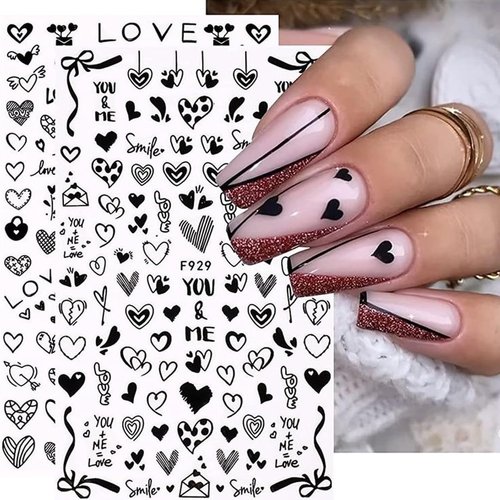8Sheets/Set Valentine's Day Nail Stickers, 3D Shiny Love Heart Nail Decals Hearts Nail Sticker Valentines Day Nail Art Sticker Self-Adhesive Black Heart Stickers for Girl Nails DIY Nail Supplies Decor
