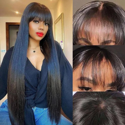 Ncozwo Straight Wigs with Bangs Lace Front Wigs 24 Inch 13x4 HD High Density Transparent Glueless Natural Black Wigs for Women Straight Frontal Wigs with Bangs Bob Wigs Artificial Fiber Human Hair