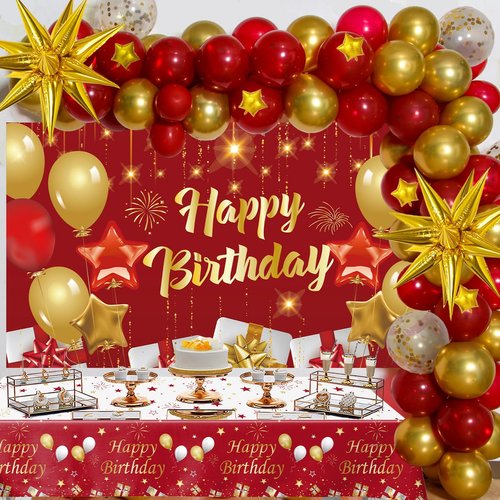 Red and Gold Birthday Decorations for Women Men Girls Boys, 72pcs Red and Gold Party Decorations Happy Birthday Backdrop Burgundy Confetti Star Red Gold Balloon Arch Table Cloth Party Supplies