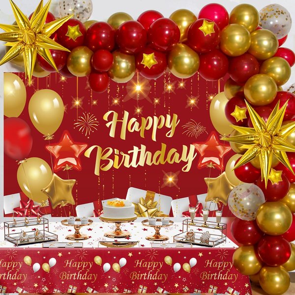 Red and Gold Birthday Decorations for Women Men Girls Boys, 72pcs Red and Gold Party Decorations Happy Birthday Backdrop Burgundy Confetti Star Red Gold Balloon Arch Table Cloth Party Supplies