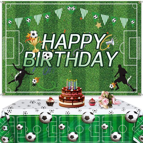 Irenare 2 Pcs Soccer Birthday Party Decorations 5 x 3 ft Happy Birthday Soccer Banner Backdrop 108 x 54 in Soccer Table Cloth Plastic Soccer Theme Table Cover for Soccer Birthday Party Supplies