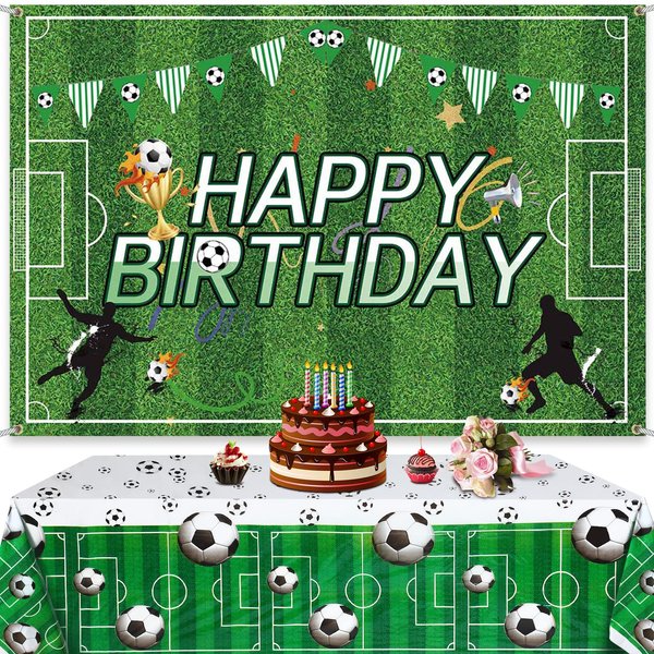 Irenare 2 Pcs Soccer Birthday Party Decorations 5 x 3 ft Happy Birthday Soccer Banner Backdrop 108 x 54 in Soccer Table Cloth Plastic Soccer Theme Table Cover for Soccer Birthday Party Supplies