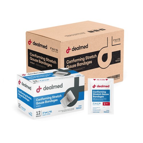 Dealmed 2" Sterile Conforming Stretch Gauze Bandages, 4.1 Yards Latex Free Stretched Dressing Wrap, Medical Non-Adherent Wound Care Mesh Bandages (Case of 96 Rolls)