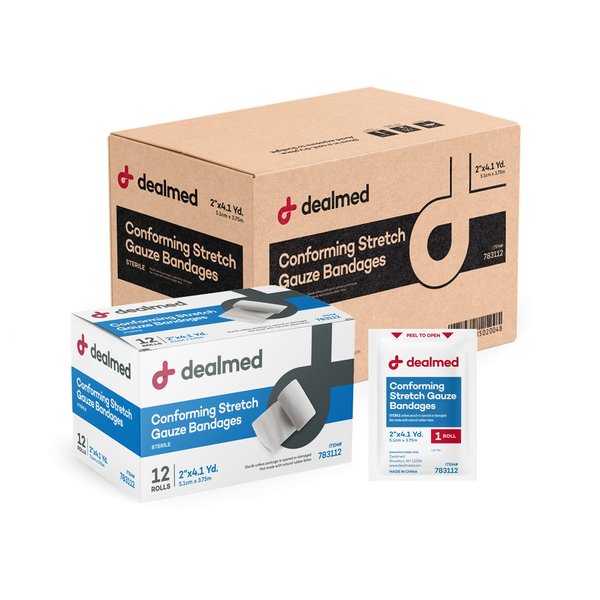 Dealmed 2" Sterile Conforming Stretch Gauze Bandages, 4.1 Yards Latex Free Stretched Dressing Wrap, Medical Non-Adherent Wound Care Mesh Bandages (Case of 96 Rolls)