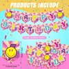 111 Pcs Preppy Style Pink Party Supplies Set Pink Happy Birthday Banner Balloon Stickers Toppers for Preppy Smile Happy Face Birthday Party Decoration