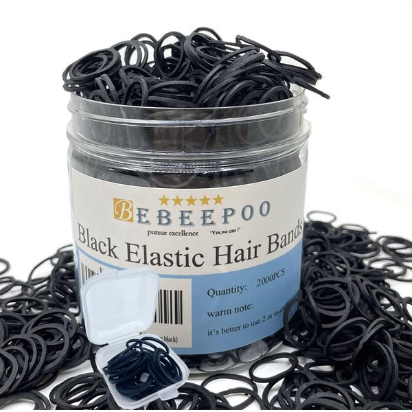 BEBEEPOO 2000 Count 1/2" Rubber Bands, Soft Elastic Bands for Hair Ties, Strong All Day Hold, Convenient Box, Hair Braids, Hair Ponytails, Braids & Beards, Black
