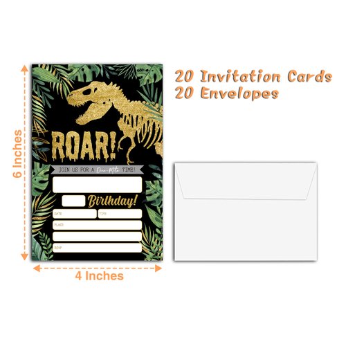 YQV Gold Dinosaur Birthday Party Invitations, 20-Count Jungle Birthday Party Invites With Envelopes-HBYQK-B44