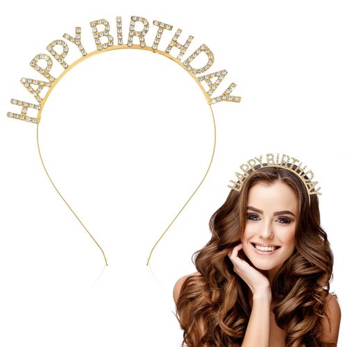 Grevosea Birthday Crown Headband, Rhinestone Tiara for Women Girls, Happy Birthday Accessory Decoration Gift