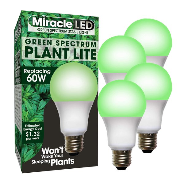 MiracleLED 604758 11W A19 Grow Room Specialty Light with Green LED Bulb, Omni directional, 4-Pack