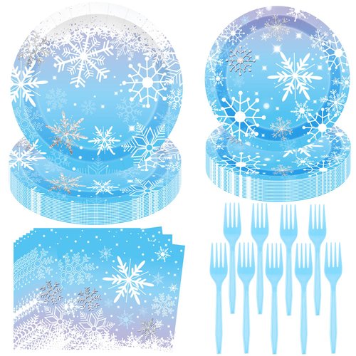 Winter Snowflake Birthday Party Supplies 96 PCS Christmas Snowflake Paper Plates and Napkins Forks Disposable Tableware Set for Christmas Winter Wonderland Frozen-theme Party Decorations