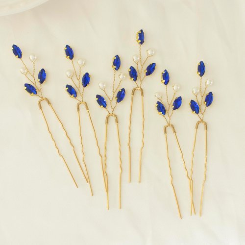 Rhinestone Hair Pins for Wedding 6PCS Bride Hair Accessories Bridesmaid Crystal Hair Clips Bobby Pins Pearl for Women Blue