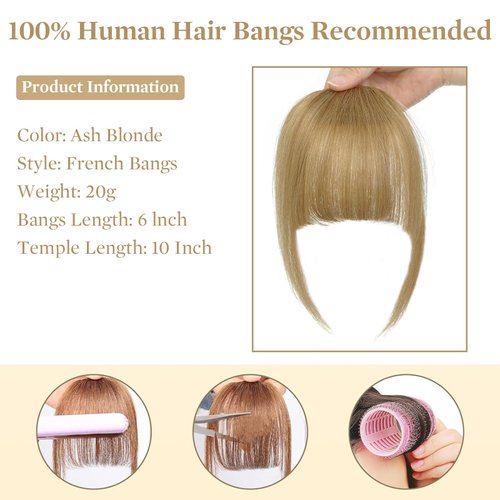 YaFex Clip In Bangs - 100% Real Human bangs hair clip, Ash Blonde Fake Bangs Hair Extensions French Clip on Air Bangs for Women Fringe with Temples Hairpieces Curved Bangs for Daily Wear