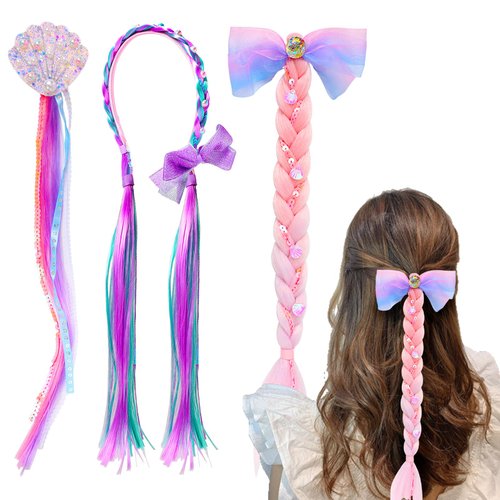 PinkSheep Mermaid Hair Clip for Girls Kids 3 Pack Fake Hair Hair Clips Hair Wig Rainbow Wigs