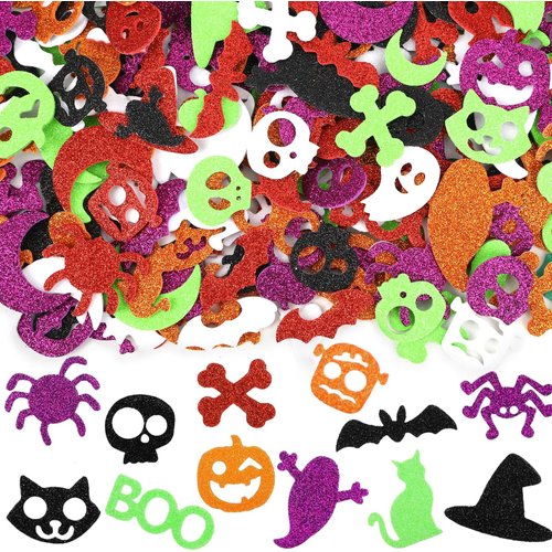 JULBEAR 300 Pieces Halloween Foam Stickers Glitter Self-Adhesive Pumpkin Spider Bat Craft Stickers for Kids Halloween Party Favor Supplies Home Decorations