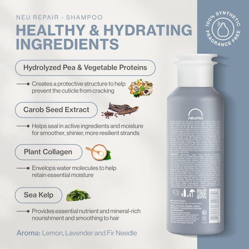 Neuma Neu Repair Shampoo 8.5 Fl. Oz. Sulfate Free Shampoo for Damaged Hair - Revitalizes, Cleanses, Fortifies, and Reduces Breakage, Lemon, Lavender & Fir Needle Scent