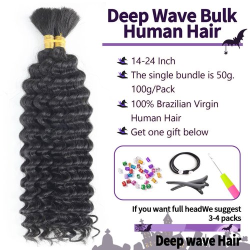 Deep Wave Bulk Human Braiding hair For Boho Braids knotless Micro Curly Wet And Wavy Bundles No Weft 12A Brazilian Remy Human Hair Extensions For Black Women (Deep Bulk - #1B, 20Inch/100G)