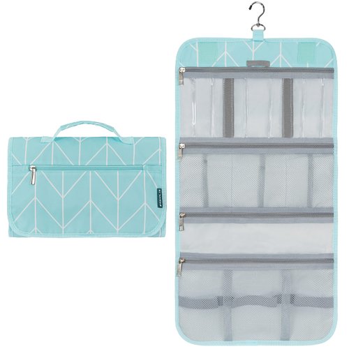 PAVILIA Hanging Toiletry Bag Women Men, Travel Kit Foldable Toiletries Organizer, Roll up Cosmetics Makeup Bag Accessories, Waterproof Essentials Jewelry Case (Floral Grey)