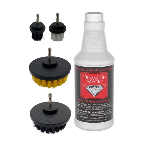 DIAMOND MAGIC Combo Pack - 20oz Hard Water Spot and Stain Remover Includes 4-pc. Drill Brush Set Commercial Cleaner Stainless Steel, Glass, Porcelain, Multi-surface, Real Diamonds