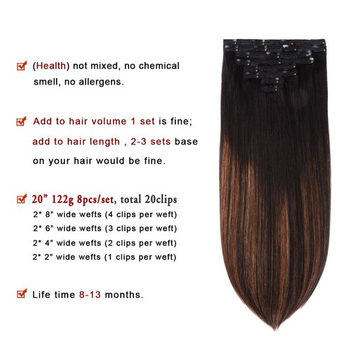 Real Clip in Hair Extensions Natural Black to Chestnut Brown Highlight Black 8 Pieces - Premium Double Weft Thick Remy Hair Extensions Clip in Human Hair (20" / 20 inch, (1BT6) P1B, 122 grams/4.3 Oz)