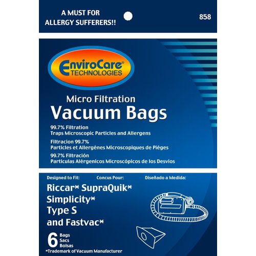 EnviroCare Replacement Micro Filtration Vacuum Cleaner Dust Bags made to fit Riccar SupraQuik and Simplicity Type S and Fastvac 6 pack