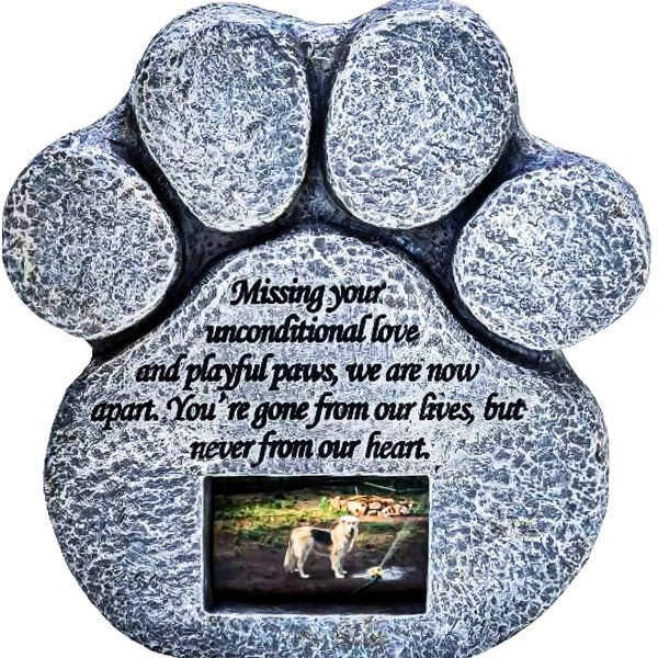 Pawprints Remembered Pet Memorial Stone - Features a Paw Print Photo Frame and Sympathy Poem - Indoor Outdoor for Garden Backyard Marker Grave Tombstone - Loss of Pet Gift - Loss of Dog Gift