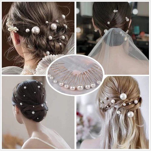 18Pcs Wedding Pearl Hair Pins Bridal Hair Pins Pearl Hair Accessories,Pearl Bobby Pins for Hair Pearl Rhinestone Hair Pins for Styling Single Pearl Hair Pins U Shaped for Brides Women Girls Gold,White