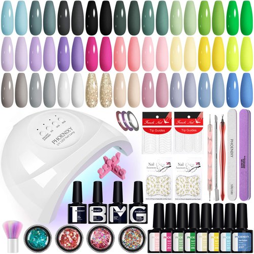PHOENIXY Gel Nail Polish Kit with U V Light, 51 Pcs Pink Blue Green White Nude Gel Nail Polish Set 48W U V LED Nail Lamp Gel Nail Kit Gifts for Women