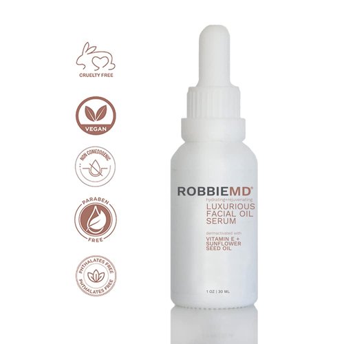 RobbieMD Luxurious Facial Oil Serum, Cold Pressed Organic Sunflower Oil and Vitamin E for Deep Hydration, Soothe Protect Skin Barrier Even Out Skin Tones (1 oz/30 ml)